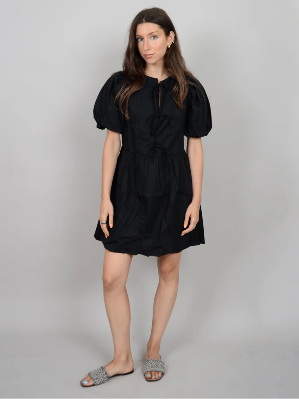 RD Style Black Puff-Sleeve Tie-Front Mini Dress